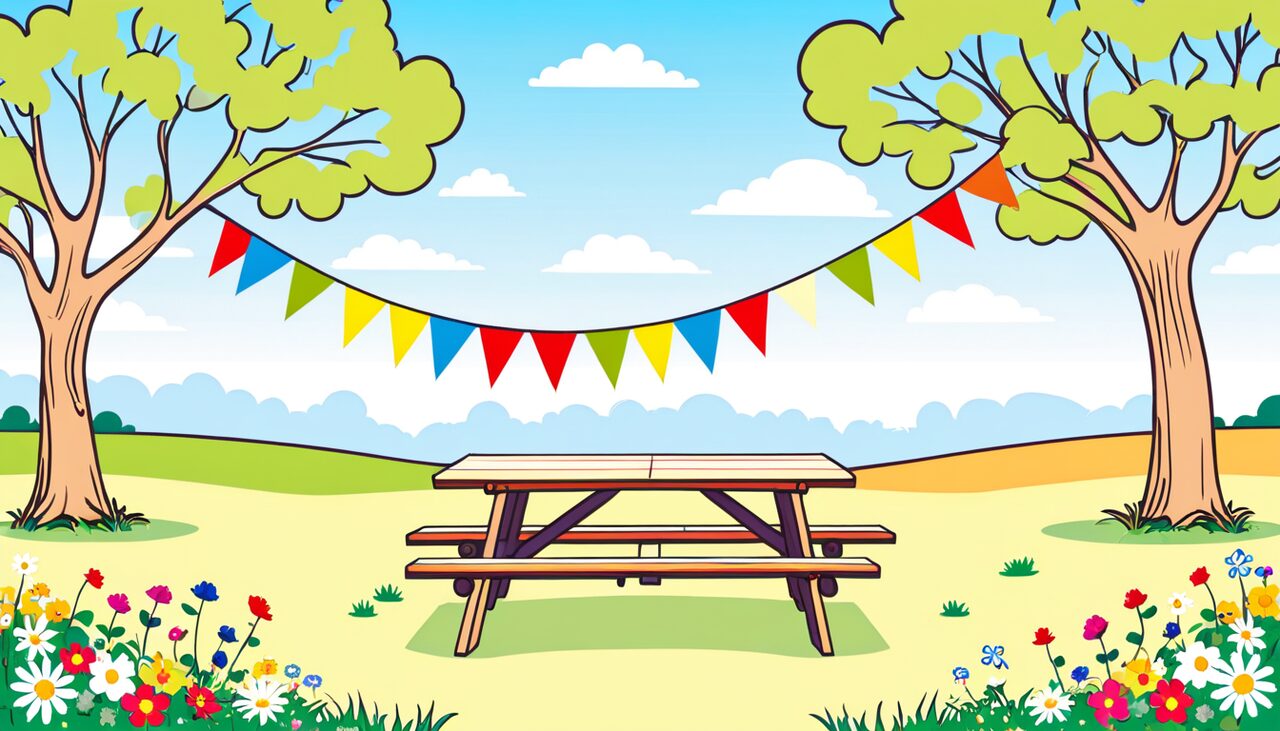 Eine Wiese mit Picknicktisch und bunten Wimpeln